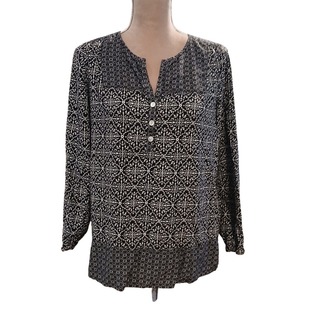 J Jill Womens Black White Geometric   V-Neck Blouse Long Sleeve Size Small P